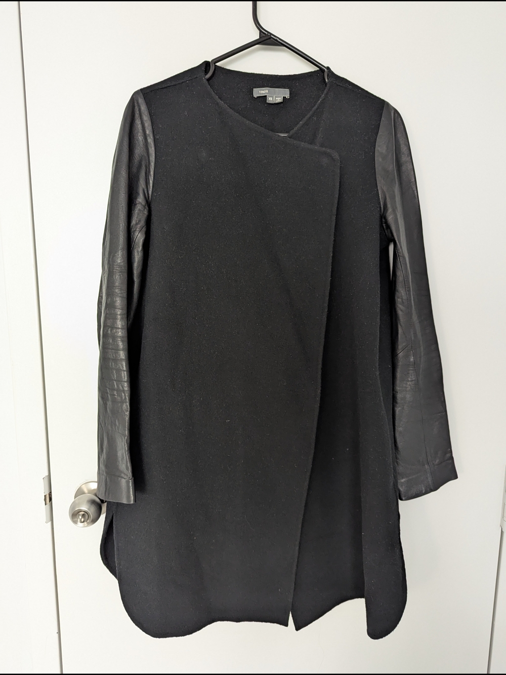 AllSaints Black Wool Coat with Leather Sleeves